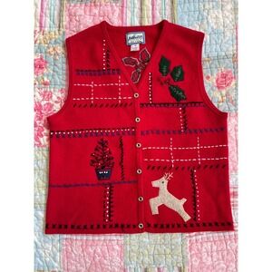 Vintage Pendleton Red Wool Christmas Vest SZM Hand Embroidered Ktichy Reindeer